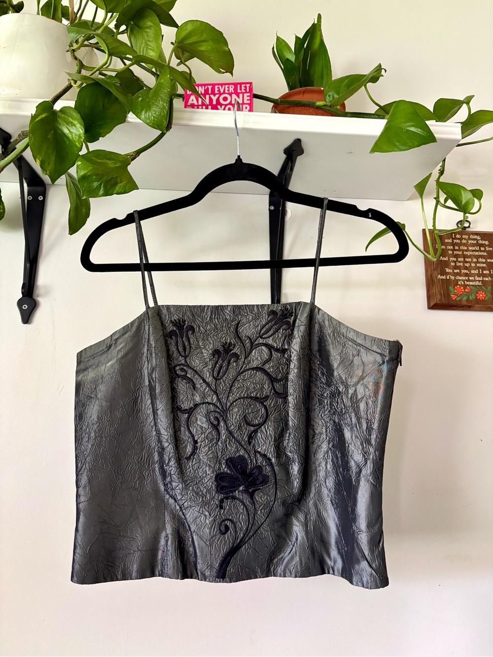 Women's Black Embroidered Satin Cami Top